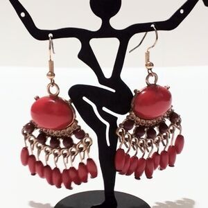 Boho Style Red Beaded Ethnic Inspired Drop Statement Earrings